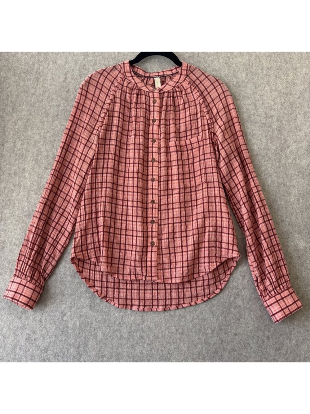 Pilcro Anthropologie Plaid Gauze Knit Blouse Womens S Pink Coral Band Collar